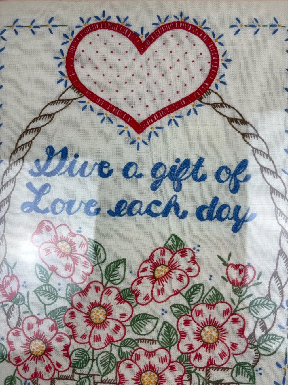 Vintage Hand-Embroidered Flower Basket”Give a Gift of Love Each Day”Frame/Matted